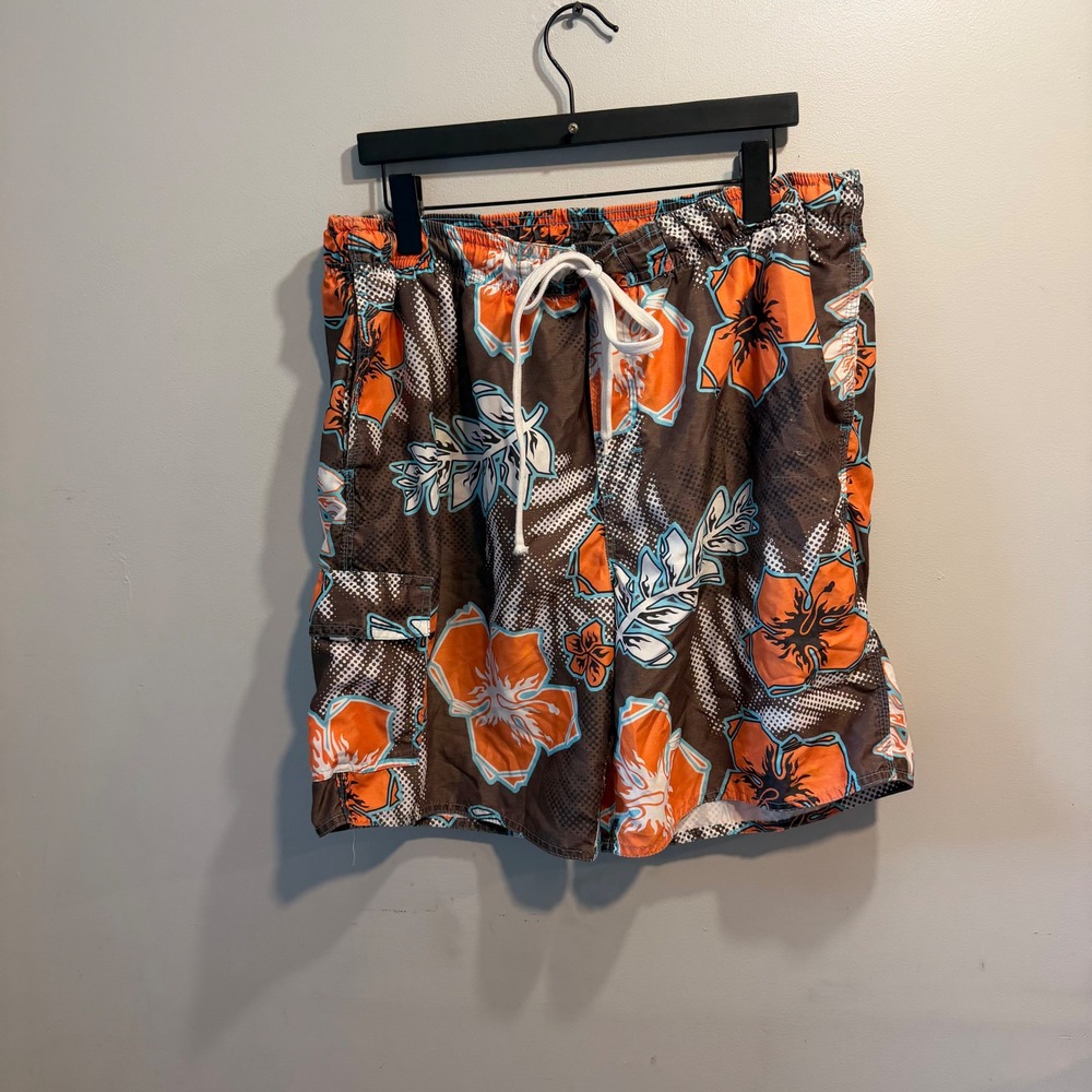 Duck Head Mens XL‎ Board Shorts Brown Orange Hibiscus Floral Swim Trunks Cargo